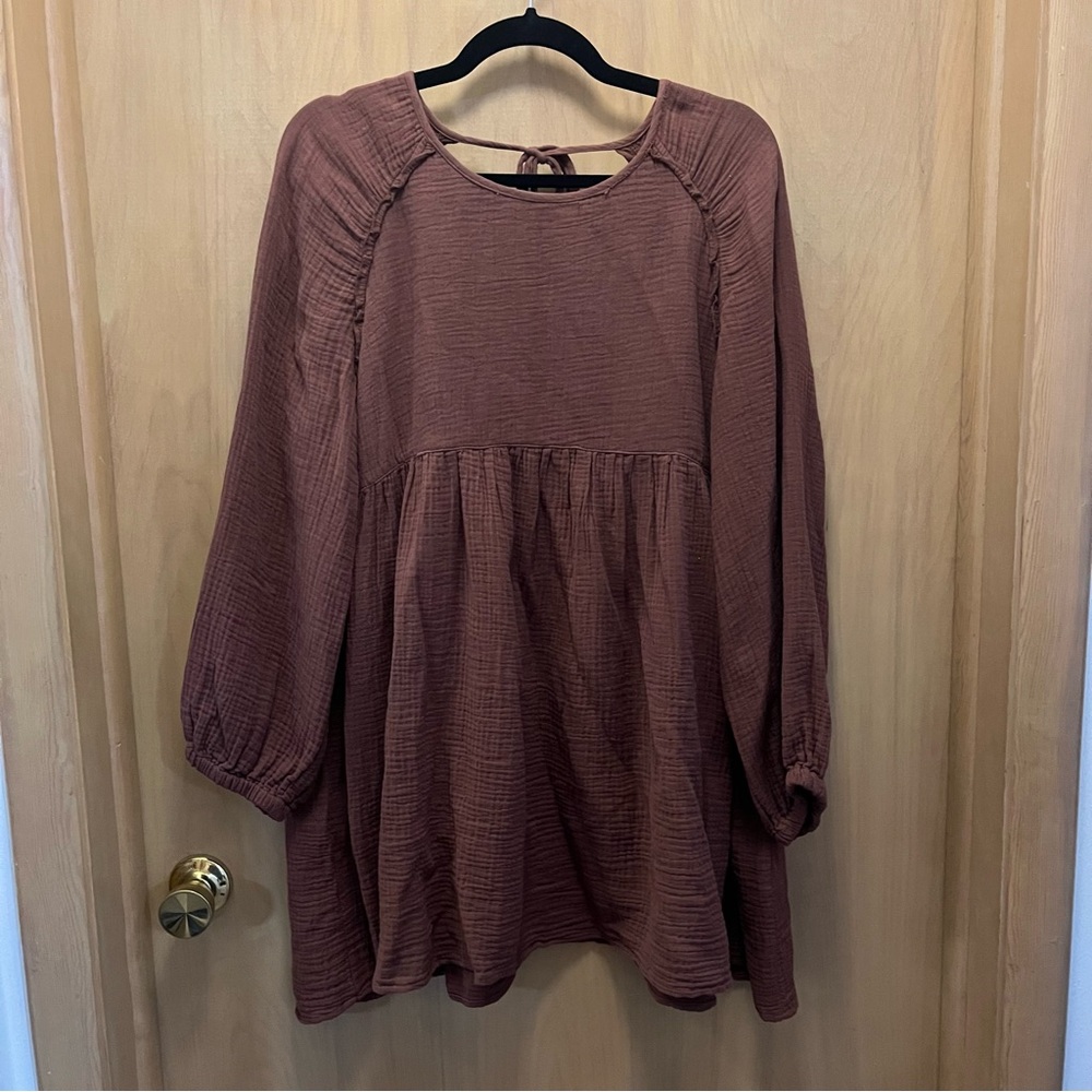 Long Sleeve Open Back Gauze Mini Dress
